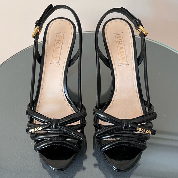 Prada Black Patent Leather Bow Tie Peep-toe Platform Heels - Picture 6 of 9